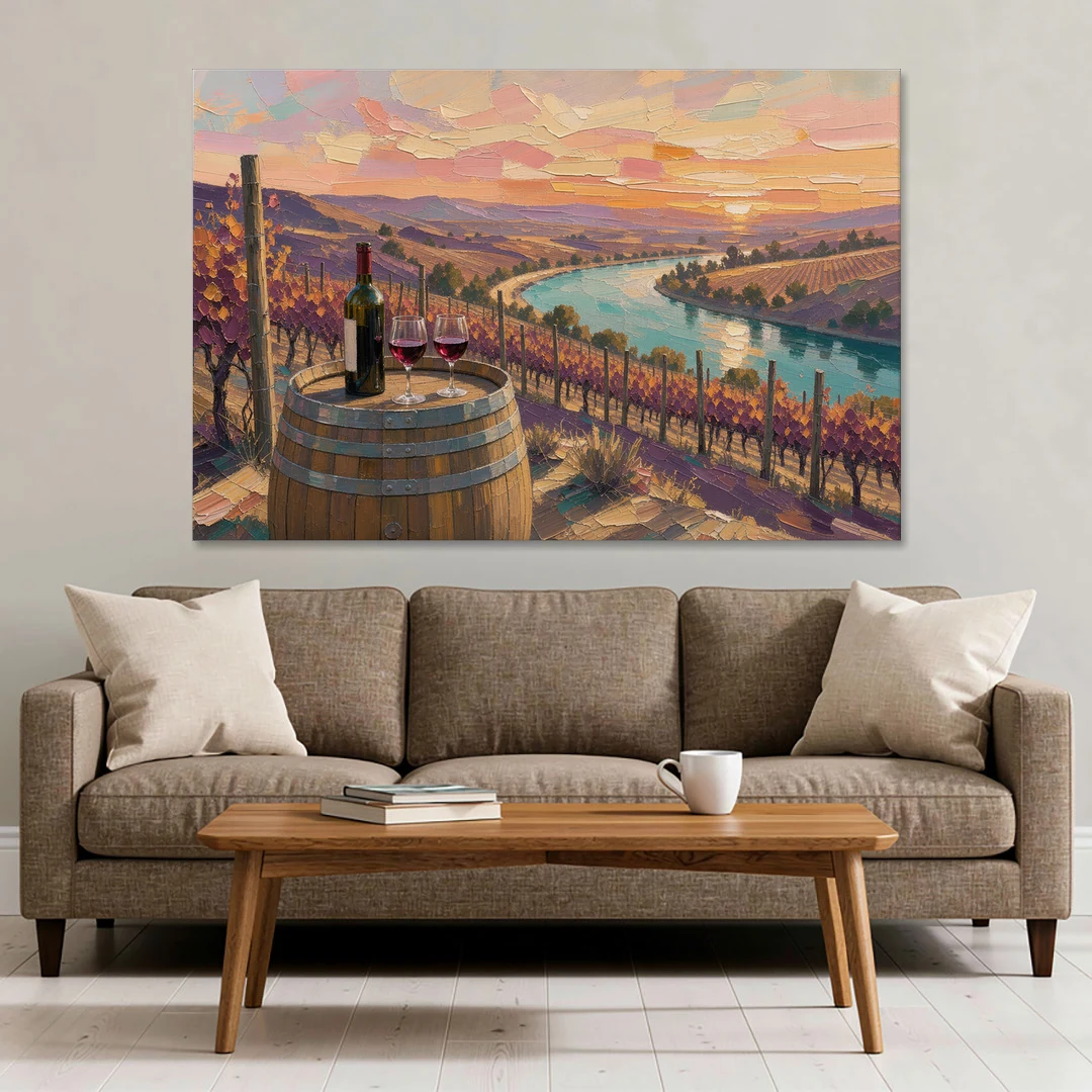 Barrel Table Above the River for the Dining Room - Canvas Wall Art - Sofa - 60x40