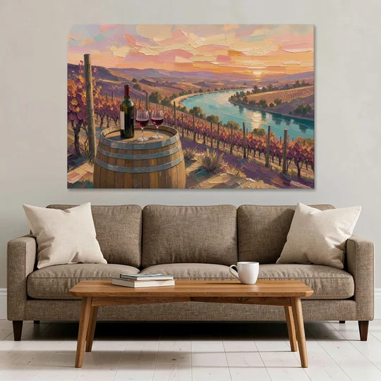 Barrel Table Above the River for the Dining Room - Canvas Wall Art - Sofa - 60x40