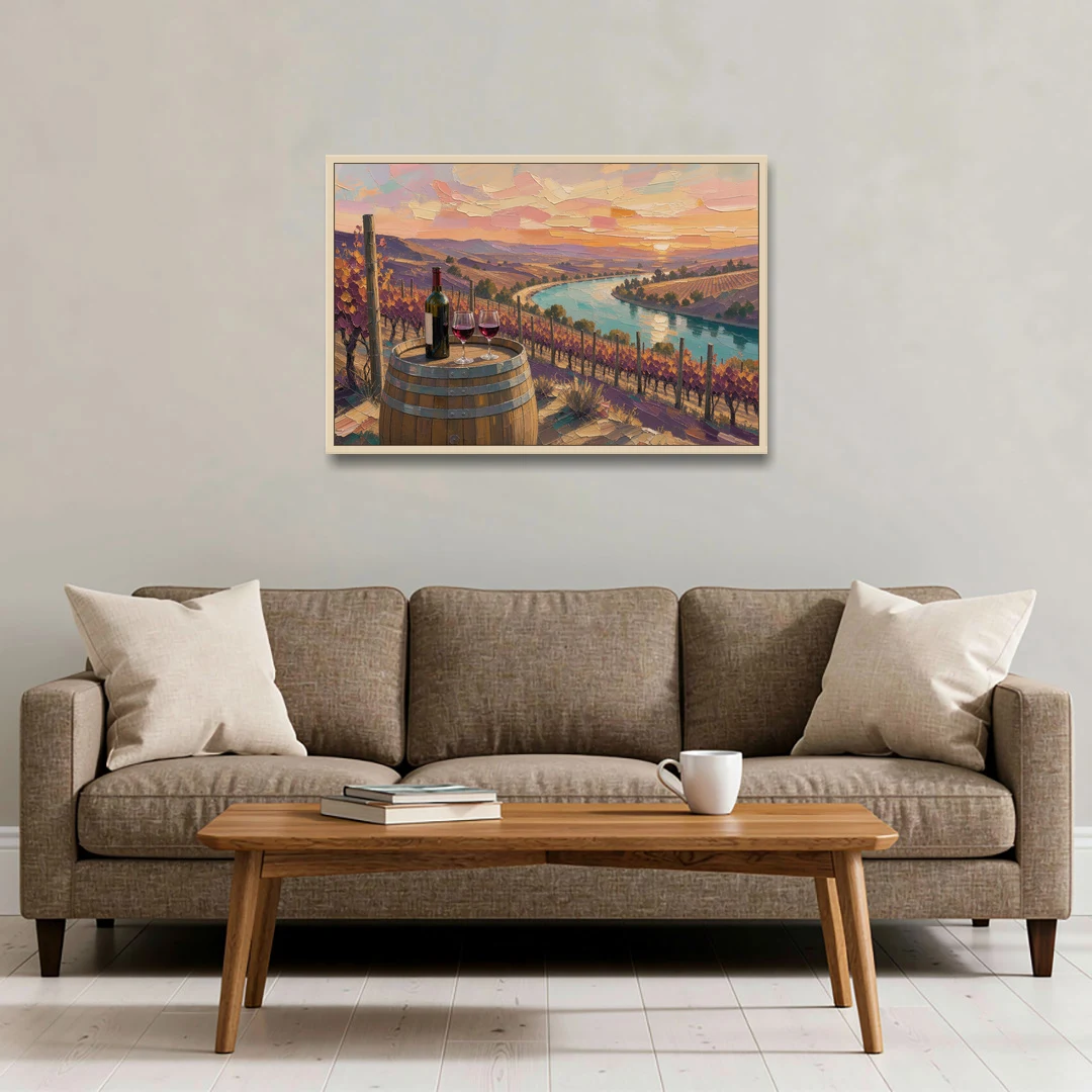 Barrel Table Above the River for the Dining Room - Oak Framed Canvas Wall Art - Sofa - 36x24