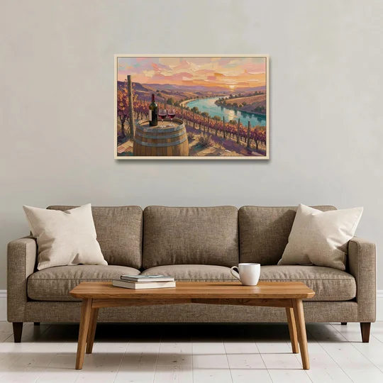 Barrel Table Above the River for the Dining Room - Oak Framed Canvas Wall Art - Sofa - 36x24