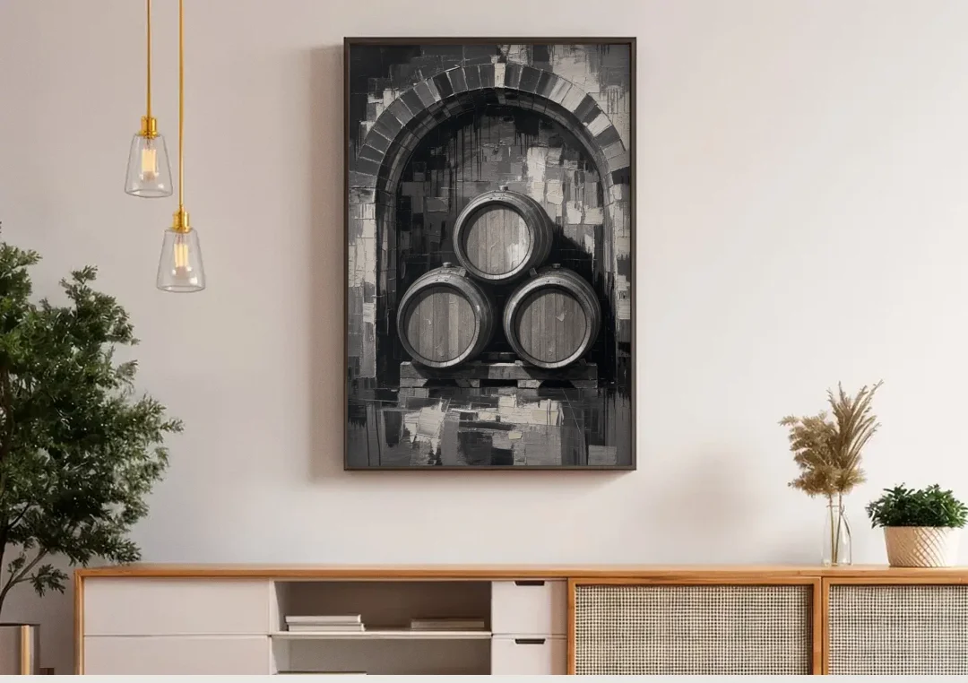 Basement Bar Wall Art of Three Oak Barrels canvas wall art above a wooden sideboard under pendant lights