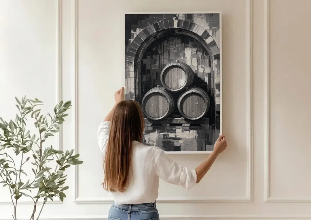 Basement Bar Wall Art of Three Oak Barrels canvas wall art being hung on a paneled wall