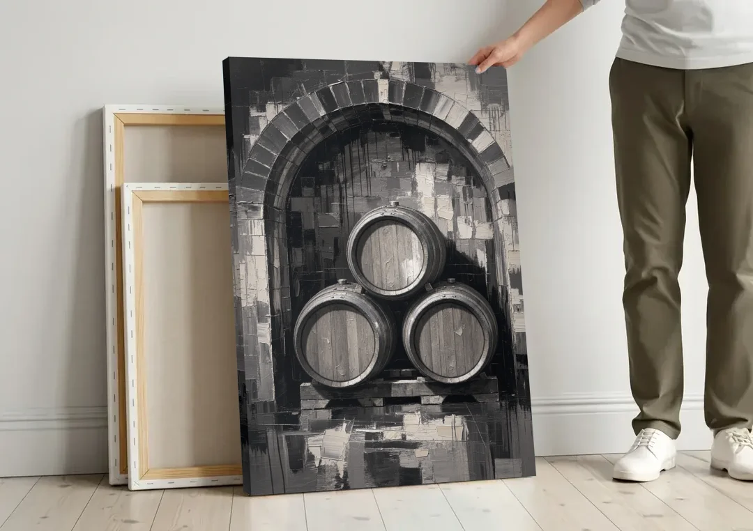 Basement Bar Wall Art of Three Oak Barrels canvas wall art leaning against a wall next to blank canvases