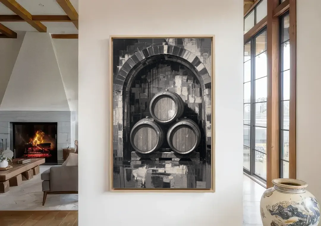 Basement Bar Wall Art of Three Oak Barrels canvas wall art in a living room with a fireplace