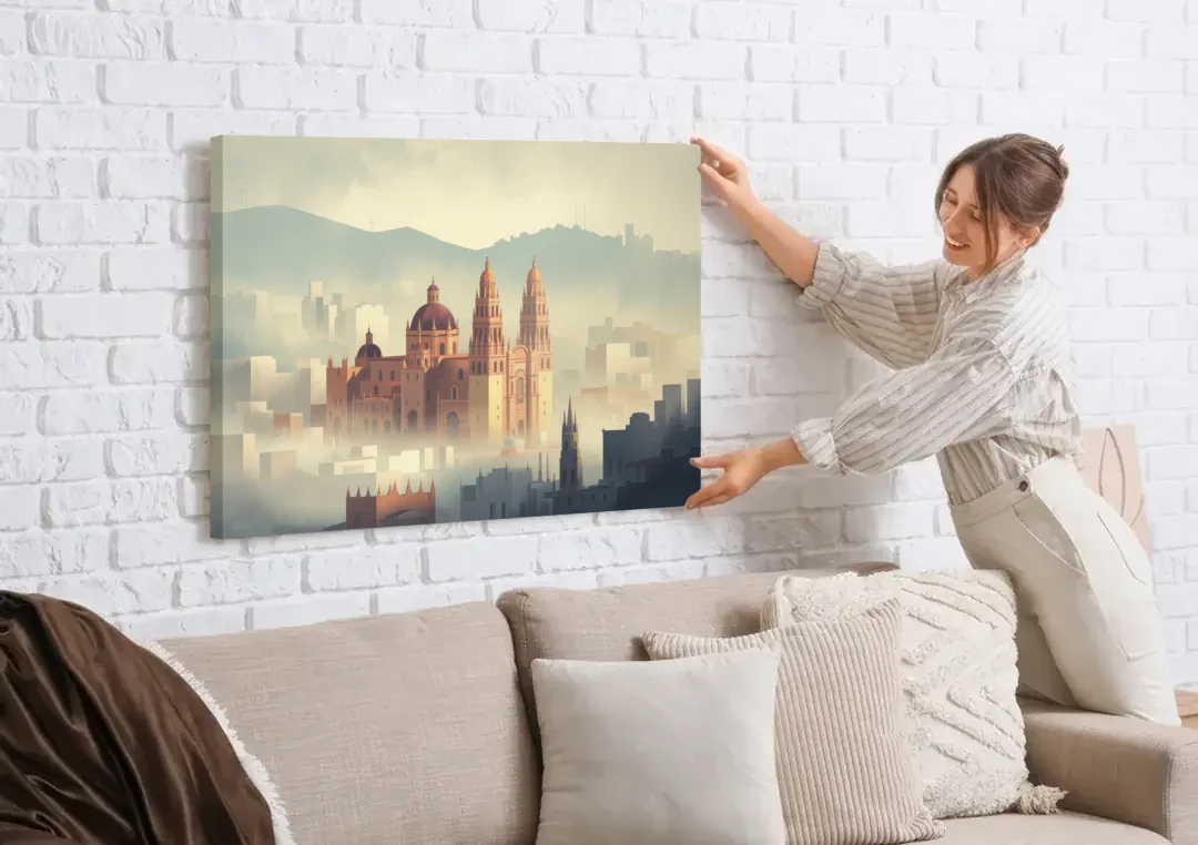 Basílica de Guanajuato canvas wall art being hung on a white brick wall above a sofa