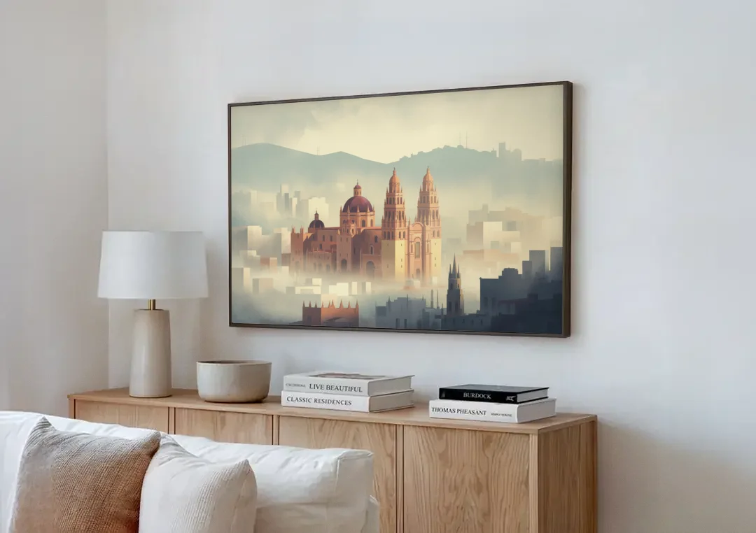Basílica de Guanajuato canvas wall art above a wooden sideboard next to a sofa