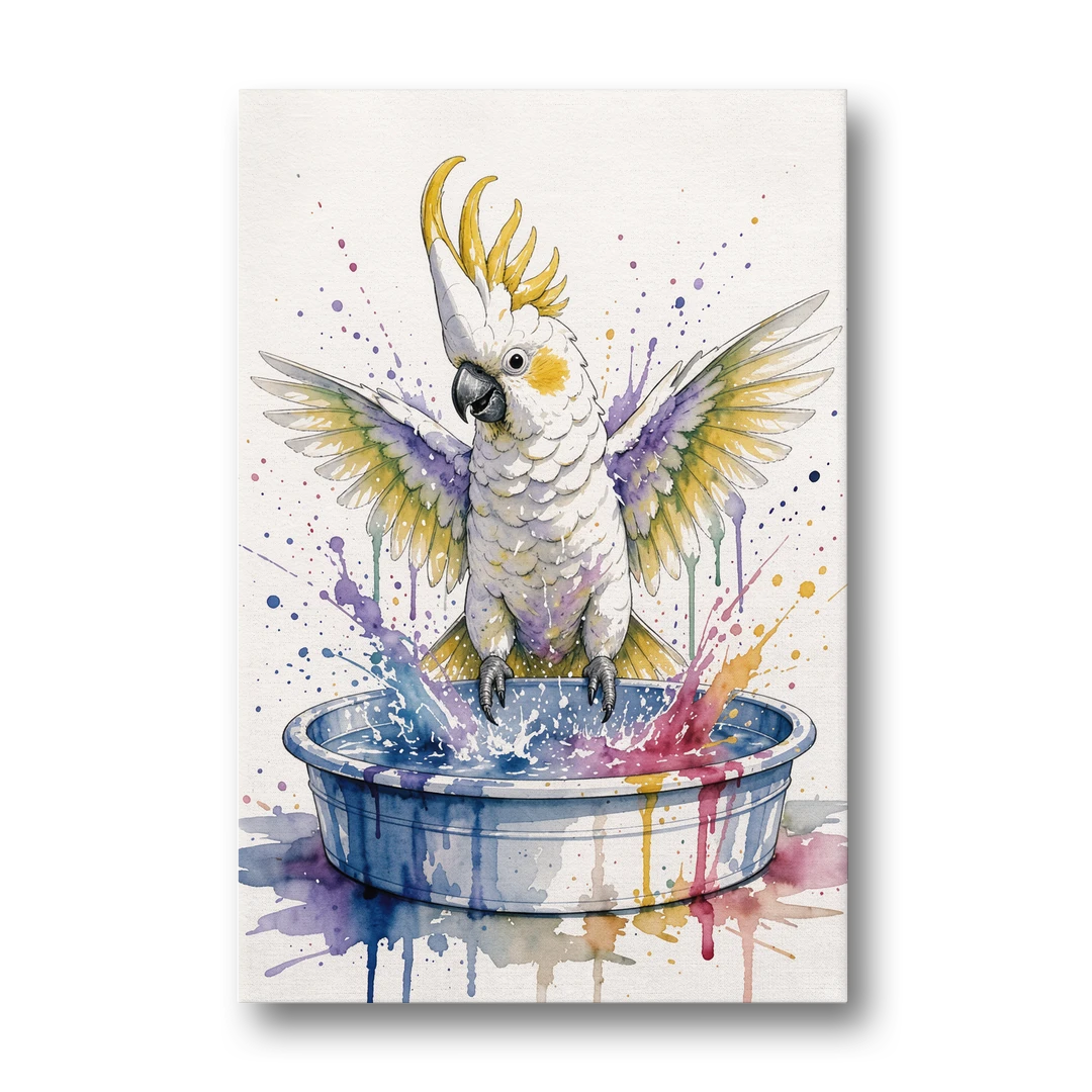 Bath Time Wall Art with a Splashing Cockatoo - Canvas Wall Art - Front
