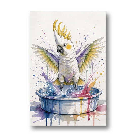 Bath Time Wall Art with a Splashing Cockatoo - Canvas Wall Art - Front