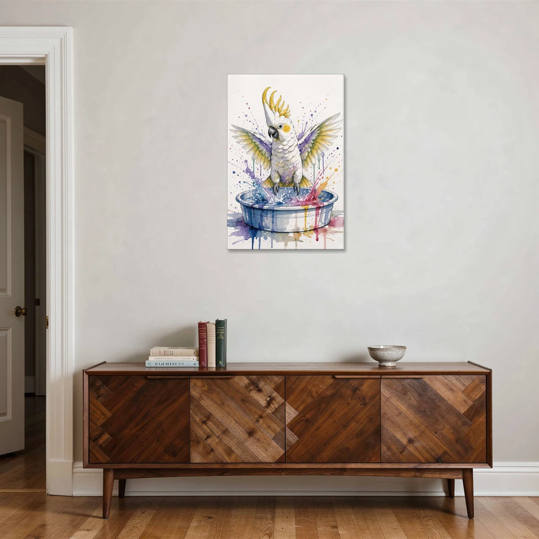Bath Time Wall Art with a Splashing Cockatoo - Canvas Wall Art - Coffee Table - 24x36