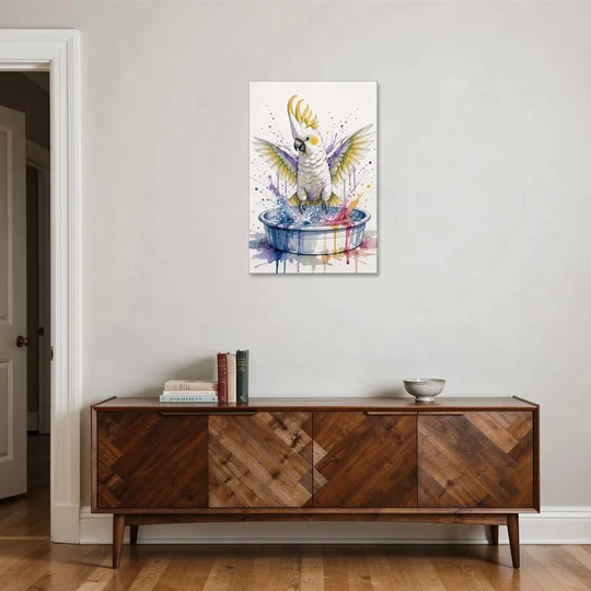 Bath Time Wall Art with a Splashing Cockatoo - Canvas Wall Art - Coffee Table - 24x36