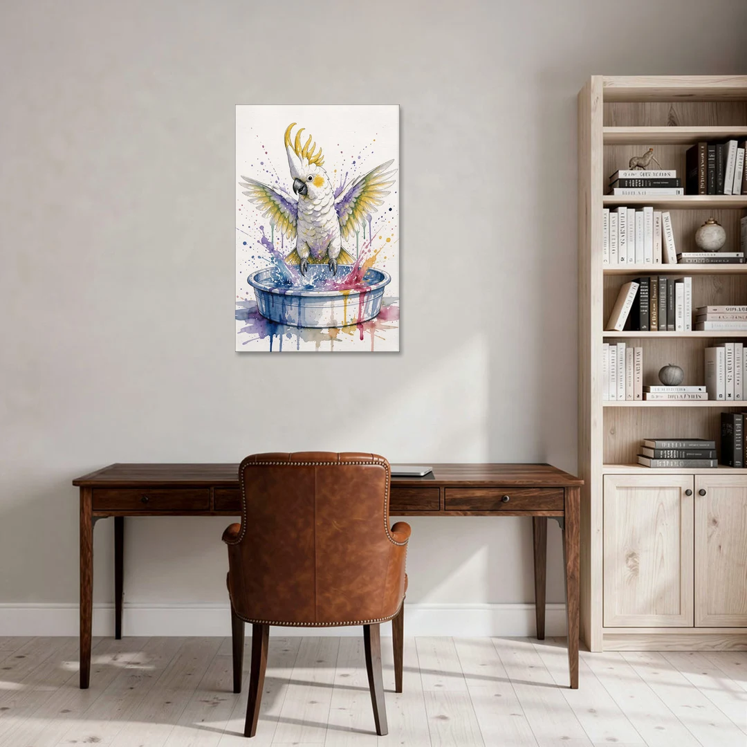 Bath Time Wall Art with a Splashing Cockatoo - Canvas Wall Art - Office - 24x36