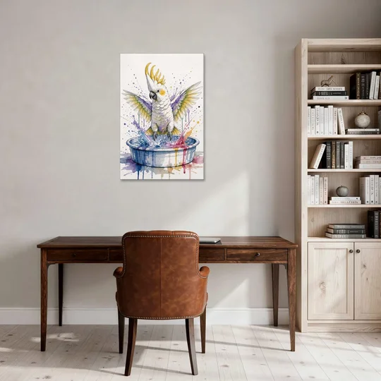 Bath Time Wall Art with a Splashing Cockatoo - Canvas Wall Art - Office - 24x36