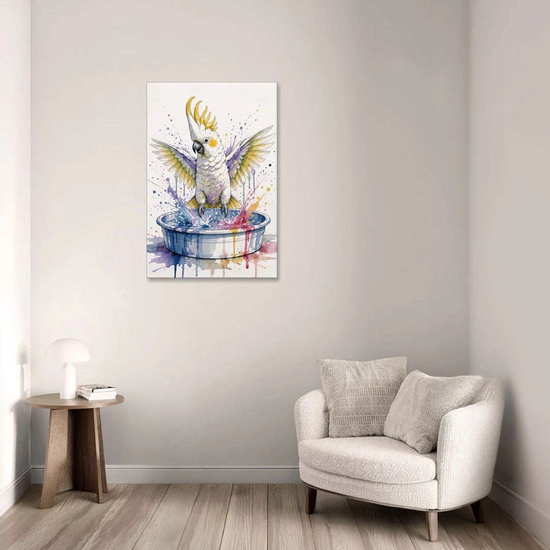 Bath Time Wall Art with a Splashing Cockatoo - Canvas Wall Art - Sofa - 24x36