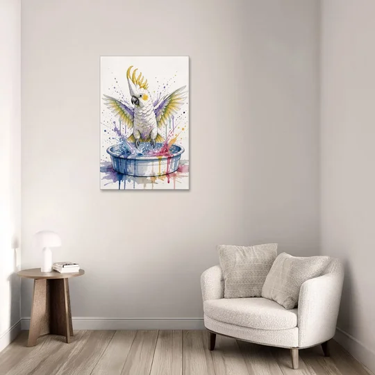 Bath Time Wall Art with a Splashing Cockatoo - Canvas Wall Art - Sofa - 24x36