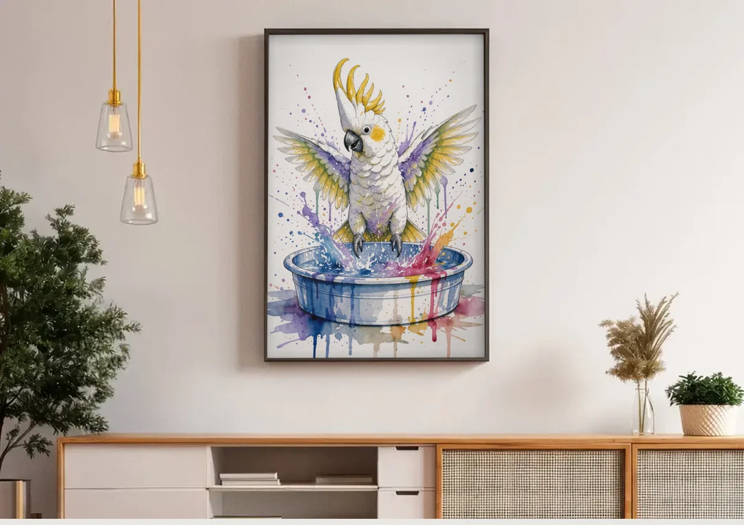 Bath Time Wall Art with a Splashing Cockatoo canvas wall art above a wooden sideboard under pendant lights