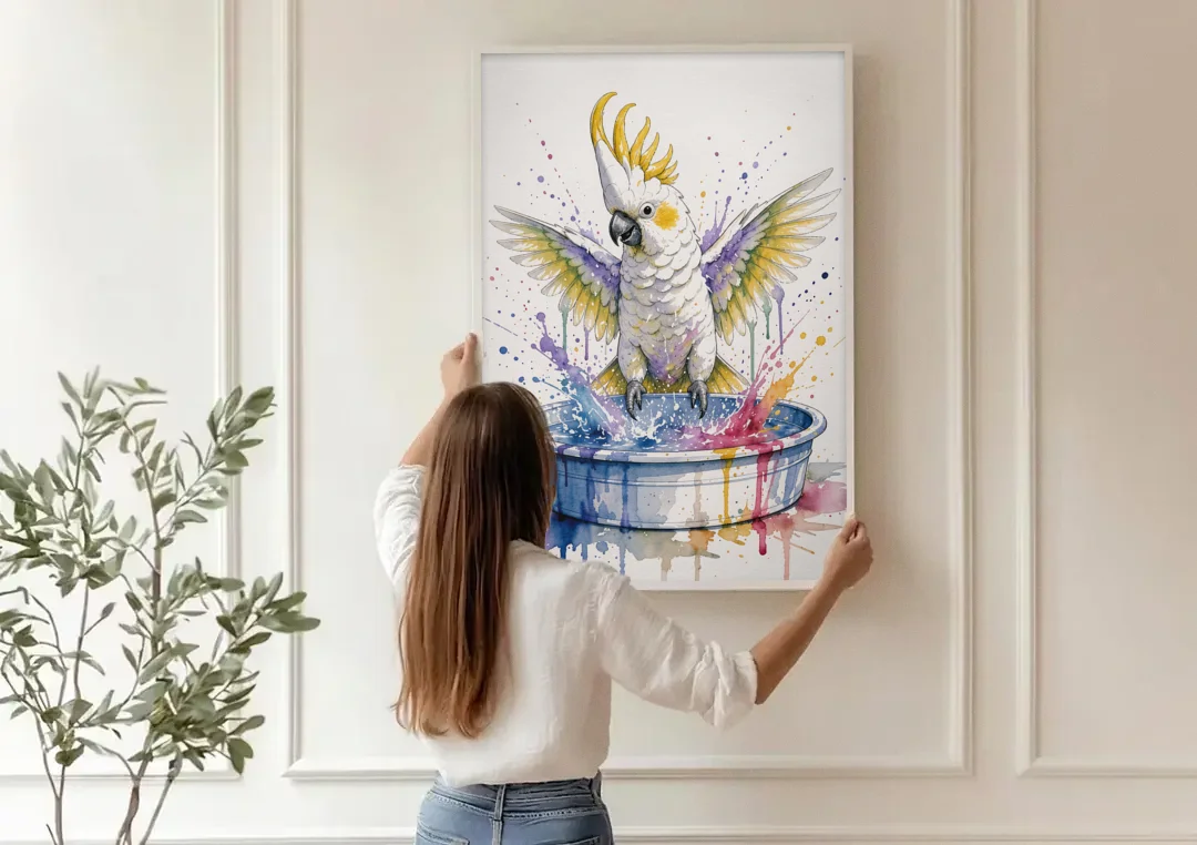 Bath Time Wall Art with a Splashing Cockatoo canvas wall art being hung on a paneled wall