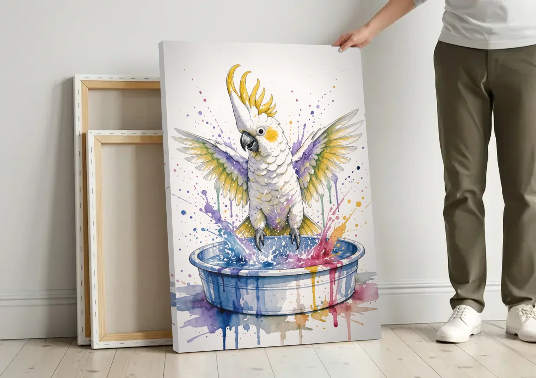 Bath Time Wall Art with a Splashing Cockatoo canvas wall art leaning against a wall next to blank canvases