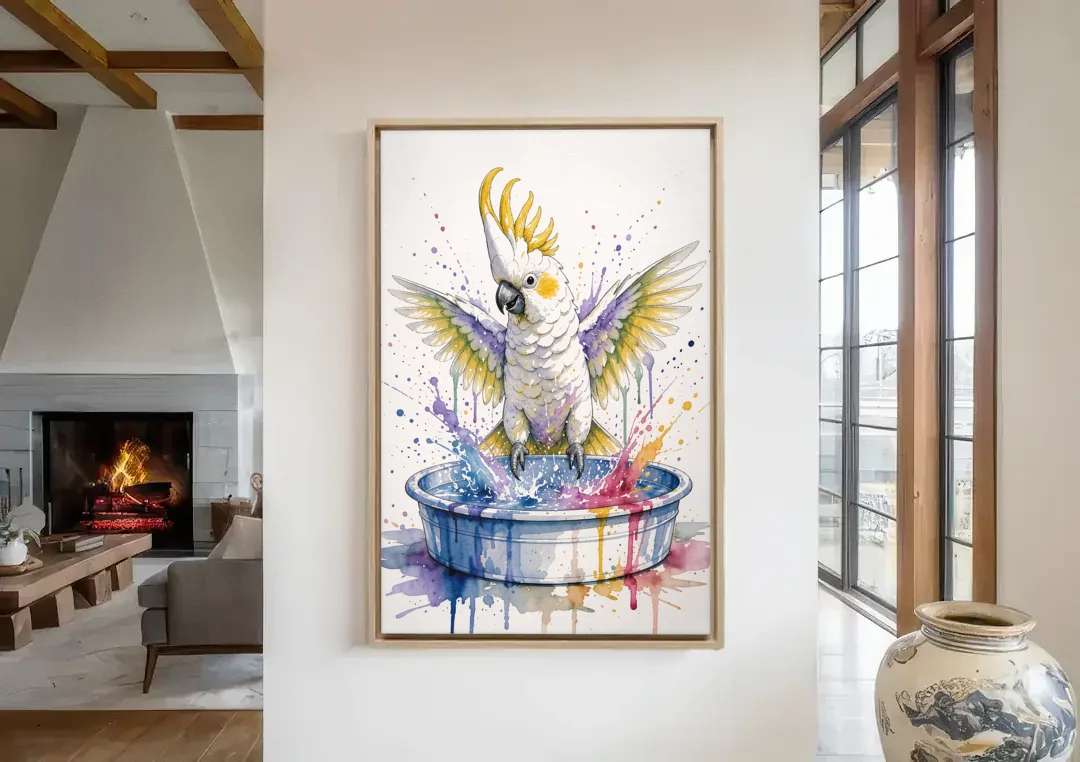 Bath Time Wall Art with a Splashing Cockatoo canvas wall art in a living room with a fireplace