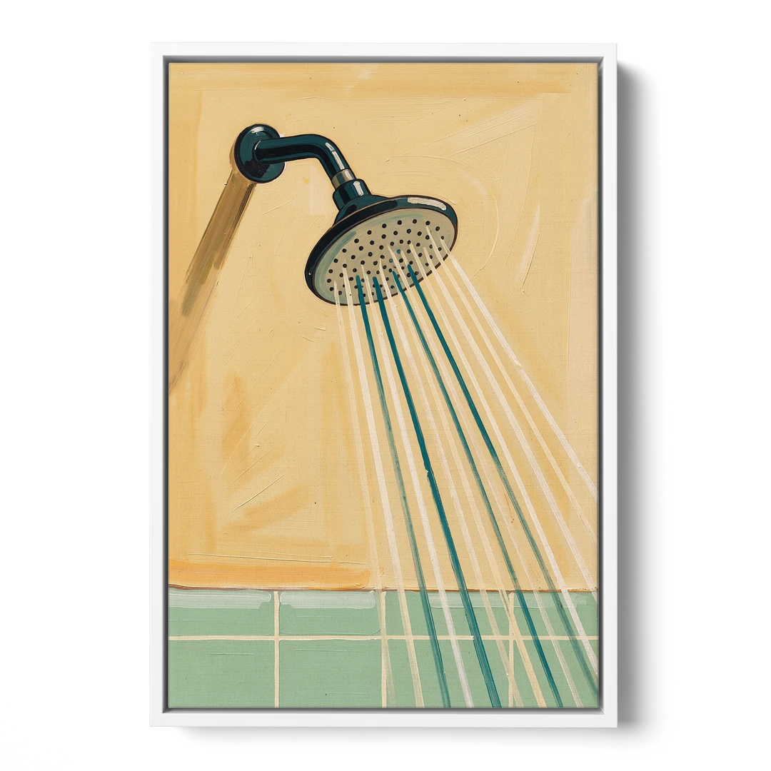 Bathroom Acrylic Painting of a Vintage Shower Head - White Framed Canvas Wall Art - Front