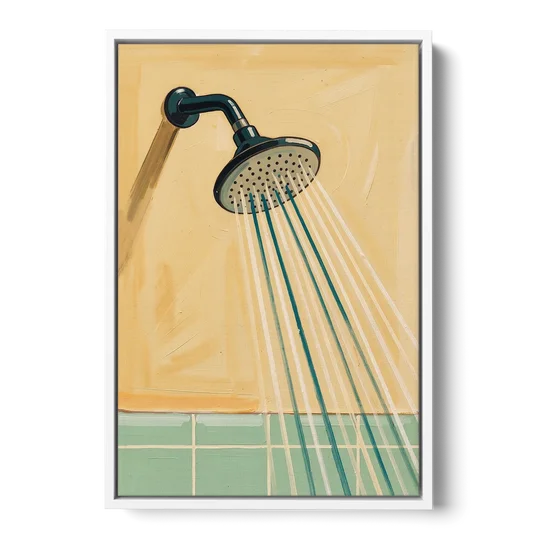 Bathroom Acrylic Painting of a Vintage Shower Head - White Framed Canvas Wall Art - Front