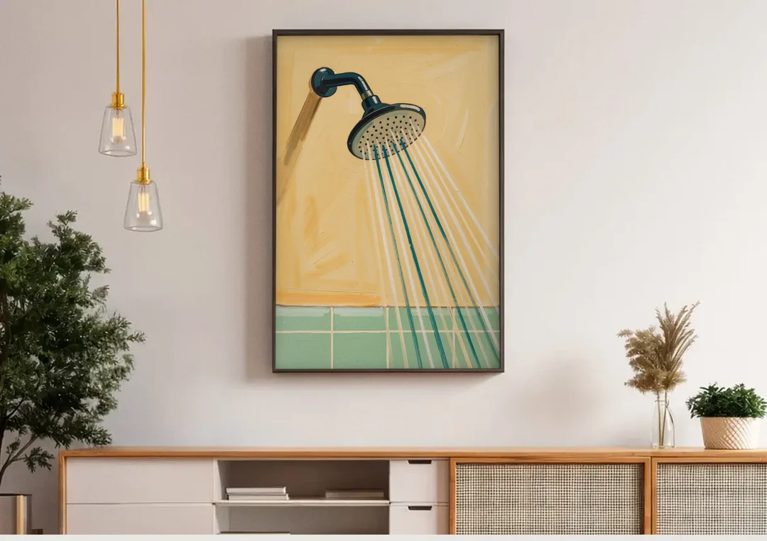 Bathroom Acrylic Painting of a Vintage Shower Head canvas wall art above a wooden sideboard under pendant lights