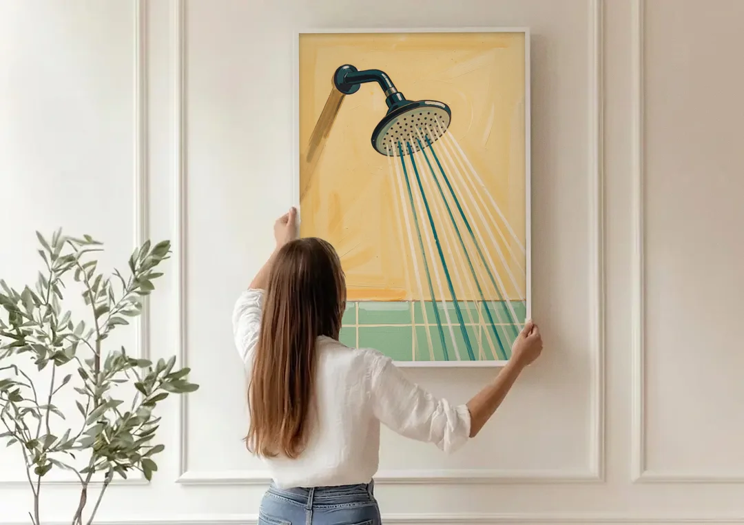 Bathroom Acrylic Painting of a Vintage Shower Head canvas wall art being hung on a paneled wall