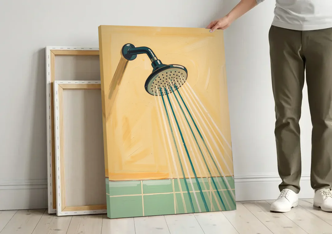 Bathroom Acrylic Painting of a Vintage Shower Head canvas wall art leaning against a wall next to blank canvases