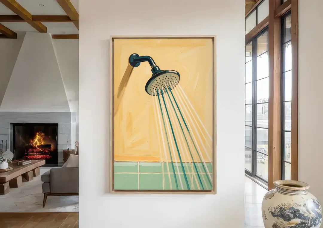 Bathroom Acrylic Painting of a Vintage Shower Head canvas wall art in a living room with a fireplace
