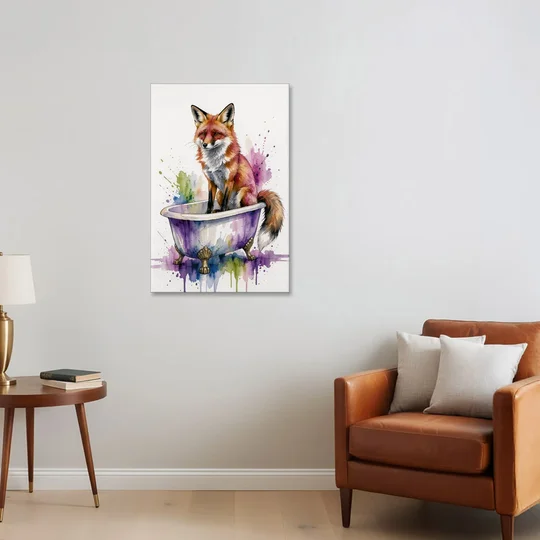 Bathroom Animal Wall Art Fox in a Dry Tub - Canvas Wall Art - Sofa - 24x36