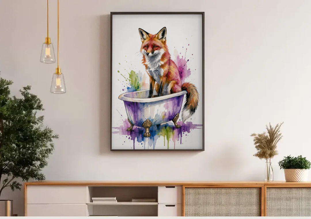 Bathroom Animal Wall Art Fox in a Dry Tub canvas wall art above a wooden sideboard under pendant lights