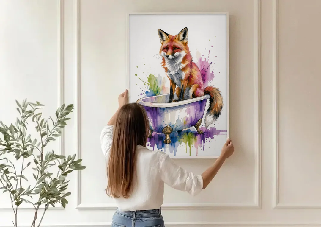 Bathroom Animal Wall Art Fox in a Dry Tub canvas wall art being hung on a paneled wall