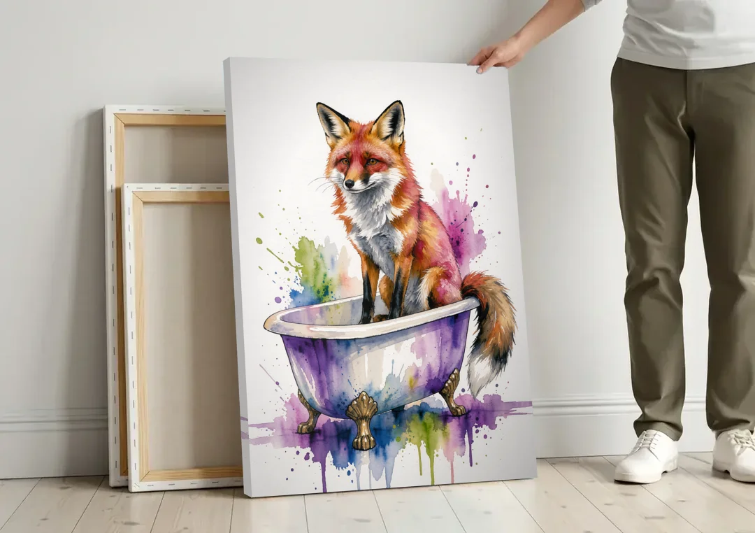 Bathroom Animal Wall Art Fox in a Dry Tub canvas wall art leaning against a wall next to blank canvases