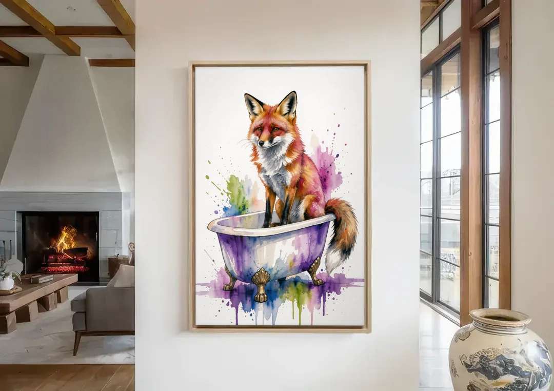 Bathroom Animal Wall Art Fox in a Dry Tub canvas wall art in a living room with a fireplace
