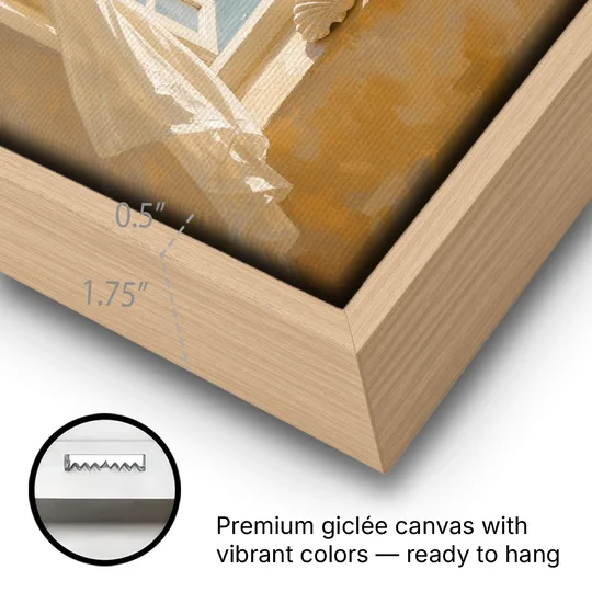 Bathroom Art Prints Arched Window to the Sea - Oak Framed Canvas Wall Art - Gallery Wrap Corner