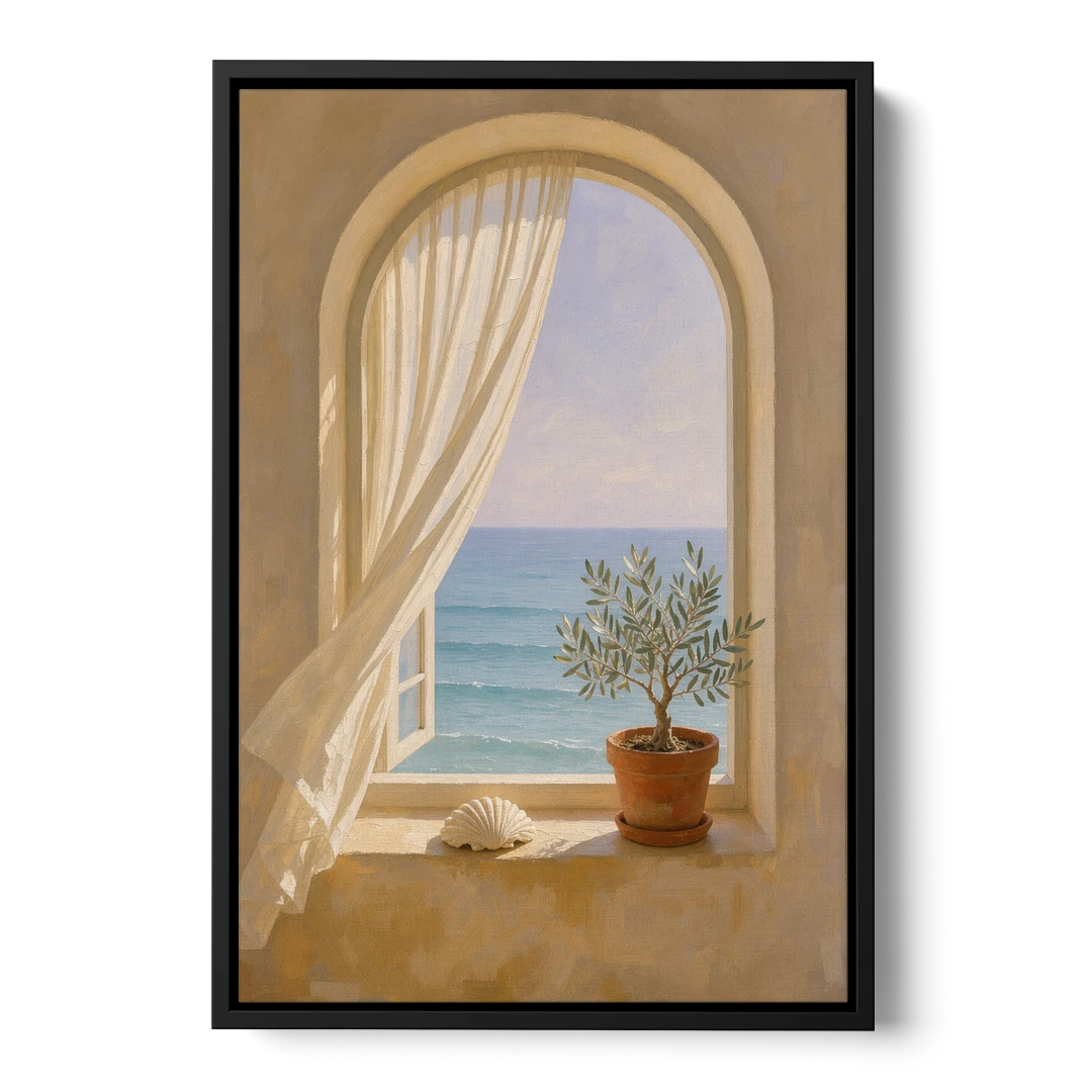 Bathroom Art Prints Arched Window to the Sea - Black Framed Canvas Wall Art - Front