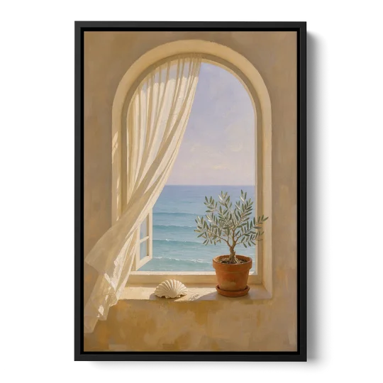 Bathroom Art Prints Arched Window to the Sea - Black Framed Canvas Wall Art - Front
