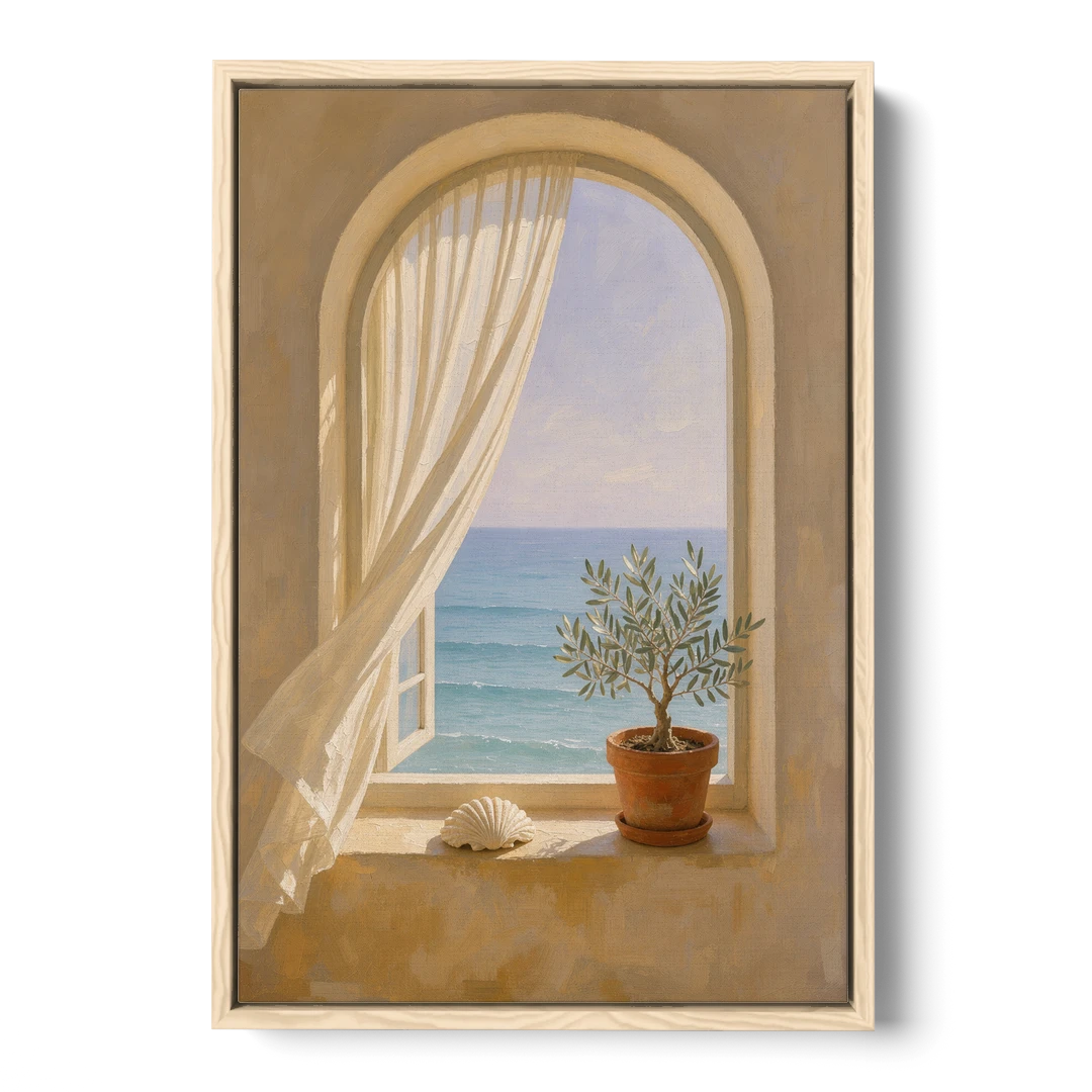 Bathroom Art Prints Arched Window to the Sea - Oak Framed Canvas Wall Art - Front