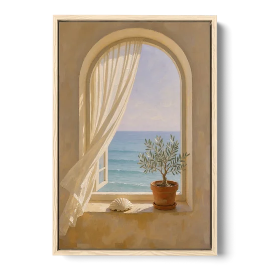 Bathroom Art Prints Arched Window to the Sea - Oak Framed Canvas Wall Art - Front
