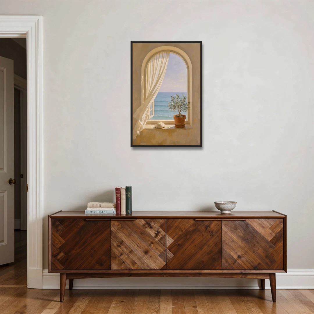 Bathroom Art Prints Arched Window to the Sea - Black Framed Canvas Wall Art - Coffee Table - 24x36