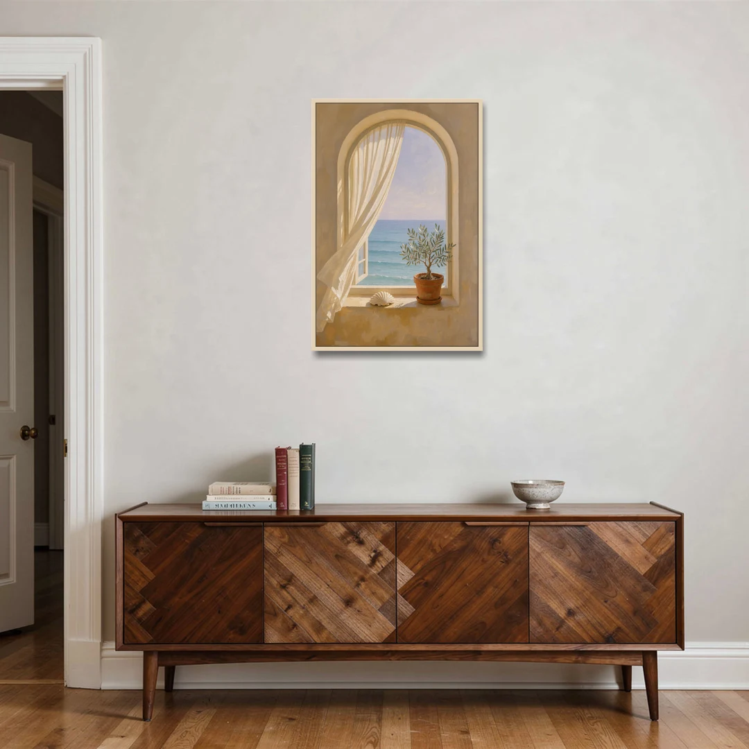 Bathroom Art Prints Arched Window to the Sea - Oak Framed Canvas Wall Art - Coffee Table - 24x36