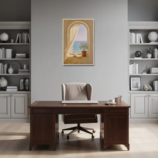 Bathroom Art Prints Arched Window to the Sea - Oak Framed Canvas Wall Art - Office - 24x36