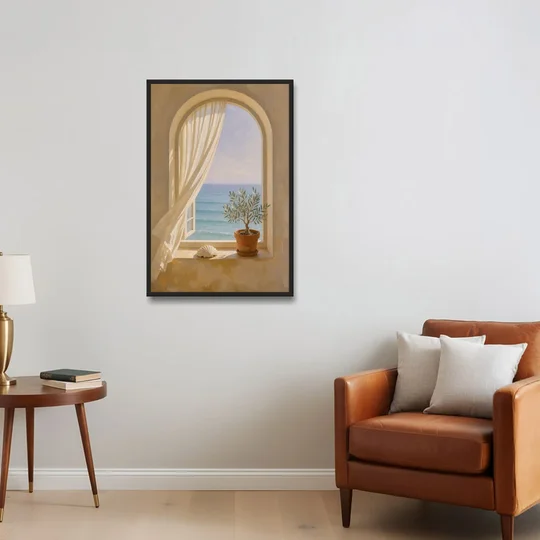 Bathroom Art Prints Arched Window to the Sea - Black Framed Canvas Wall Art - Sofa - 24x36