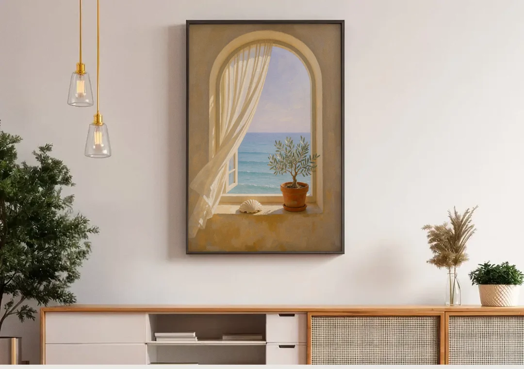 Bathroom Art Prints Arched Window to the Sea canvas wall art above a wooden sideboard under pendant lights
