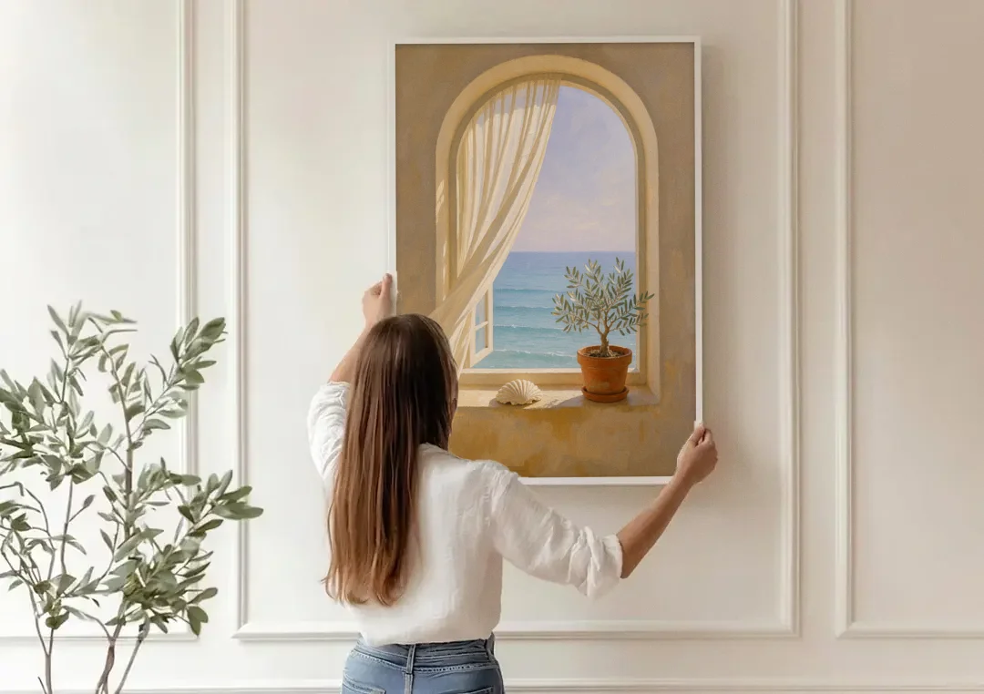 Bathroom Art Prints Arched Window to the Sea canvas wall art being hung on a paneled wall