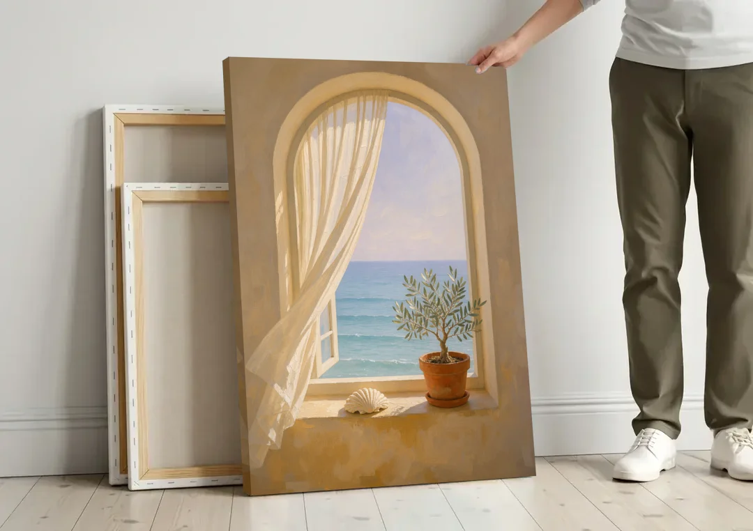 Bathroom Art Prints Arched Window to the Sea canvas wall art leaning against a wall next to blank canvases