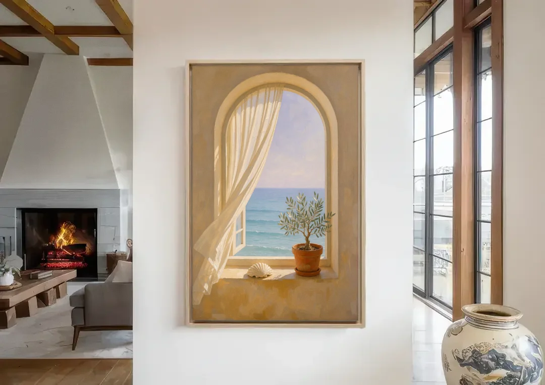 Bathroom Art Prints Arched Window to the Sea canvas wall art in a living room with a fireplace