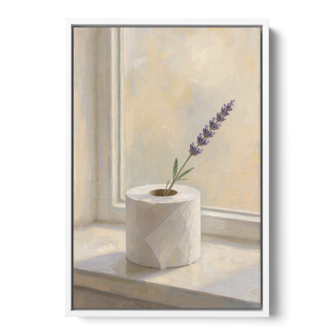 Bathroom Decor Wall Art with a Lavender Sprig - White Framed Canvas Wall Art - Front