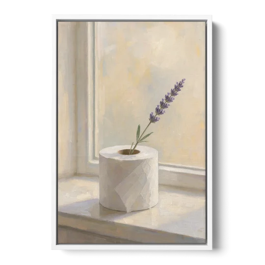 Bathroom Decor Wall Art with a Lavender Sprig - White Framed Canvas Wall Art - Front