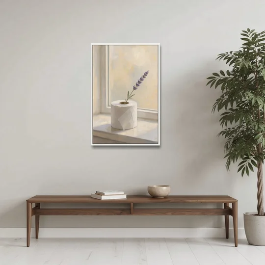 Bathroom Decor Wall Art with a Lavender Sprig - White Framed Canvas Wall Art - Coffee Table - 24x36