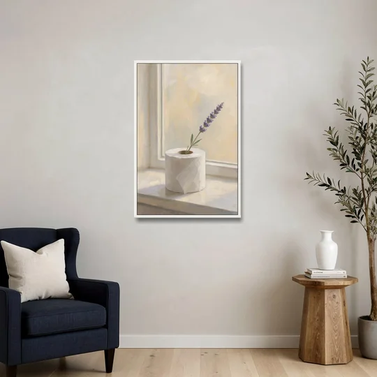 Bathroom Decor Wall Art with a Lavender Sprig - White Framed Canvas Wall Art - Sofa - 24x36